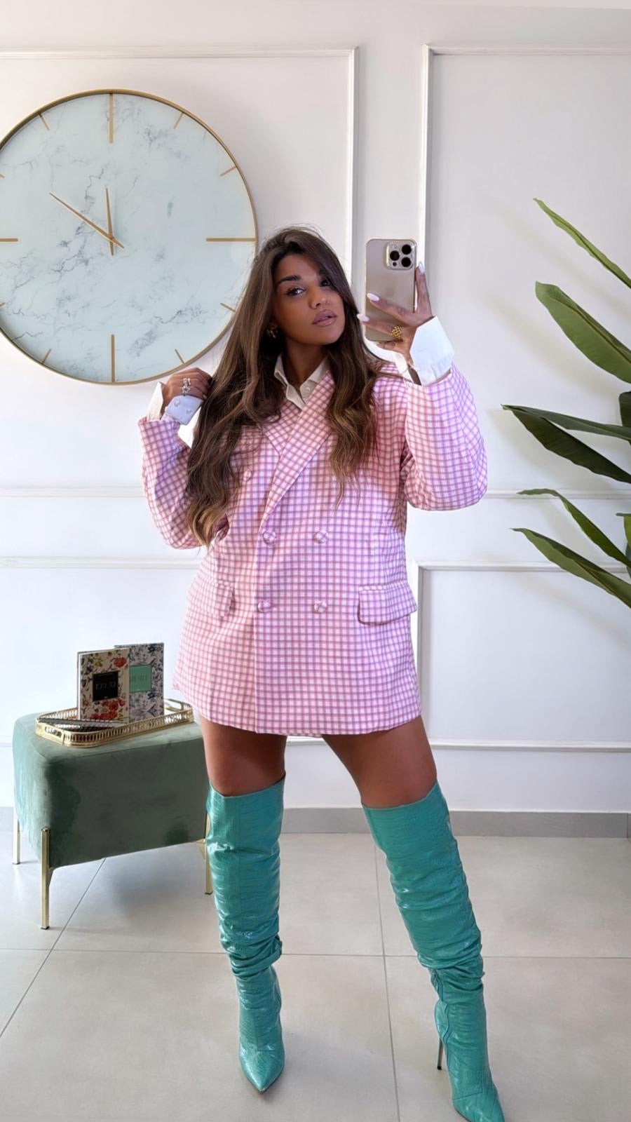 Blazer doppiopetto fantasia tartan rosa